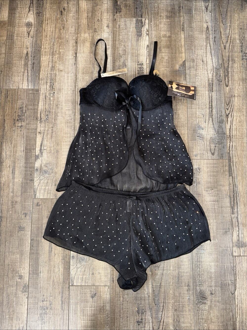 Marilyn Monroe M Organza Push Up Cami Pajama Set Black Lace Rhinestone Romantic